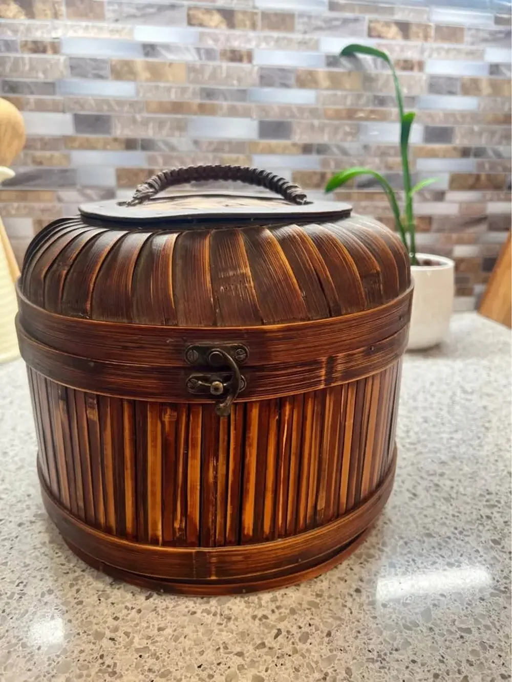 Vintage Woven Bamboo Lidded Basket – Sculptural Storage | Boho / Organic Modern